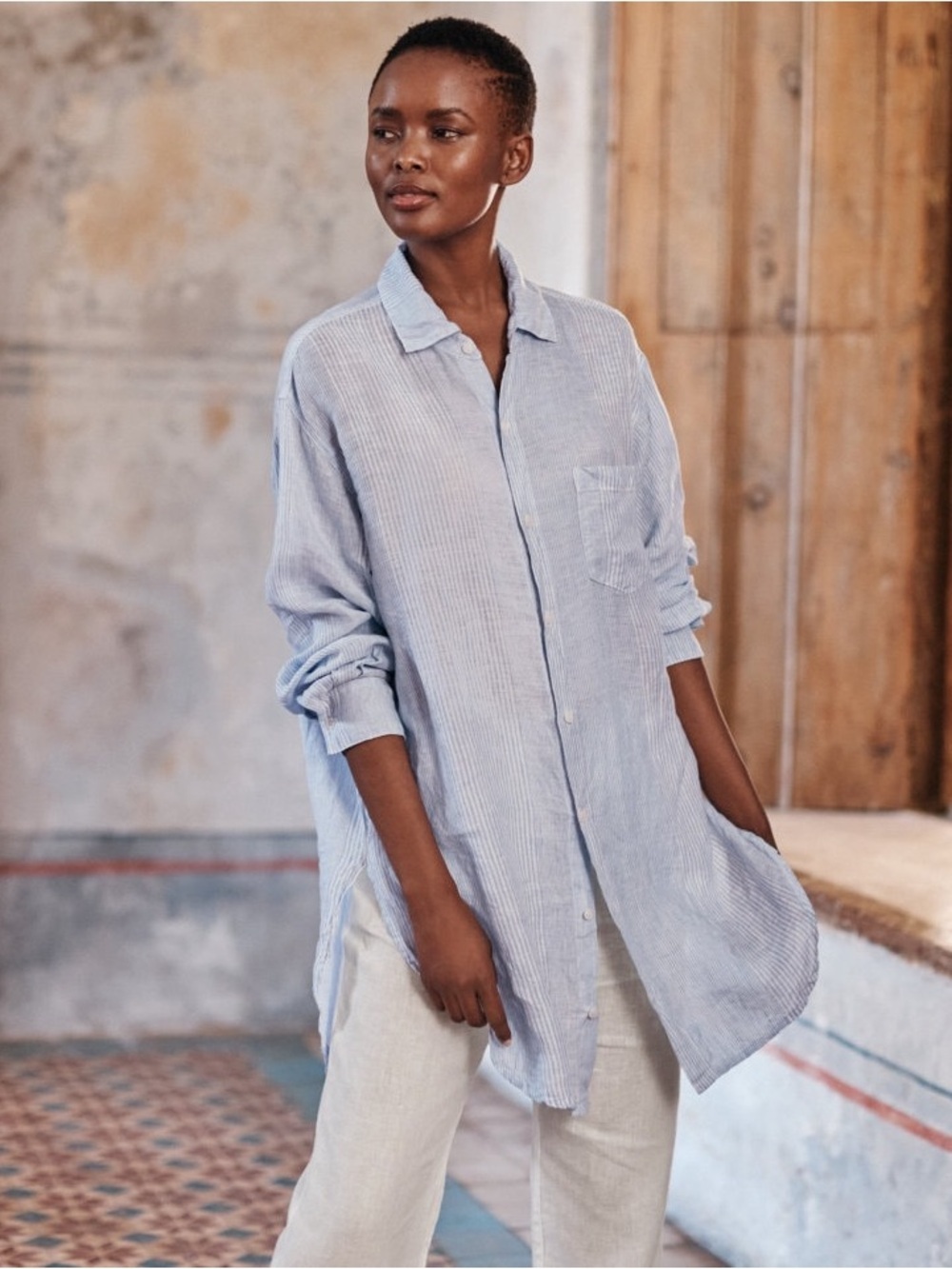 CP Shades Light Blue Striped Long Sleeve Tunic Shirt